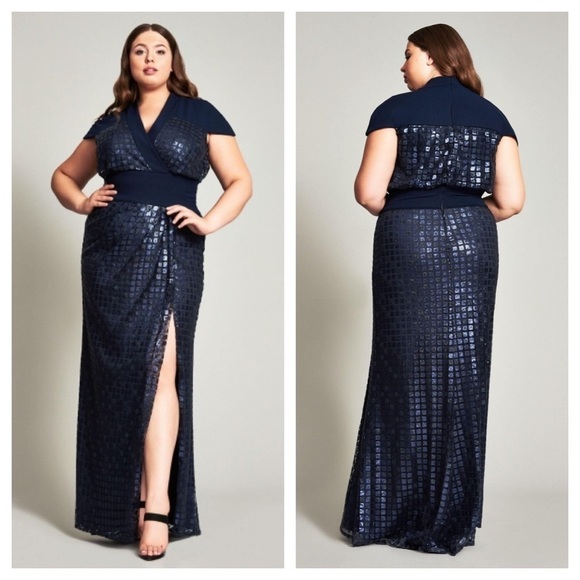 TADASHI SHOJI / NWT Kyo embroidered high slit gown SEQUIN maxi dress navy 1X - Picture 1 of 8